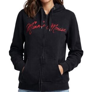 Disney Parks Minnie Mouse Zip Up Hoodie Jacket Polka Dots Lined Cotton Black XL